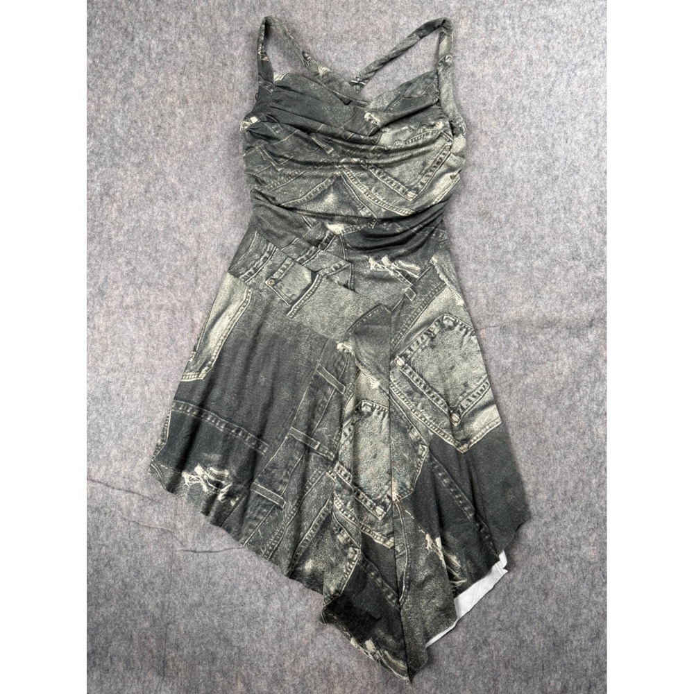 Silence + Noise Mini Dress Womens M Grey Denim Print Y2K Grunge Asymmetrical